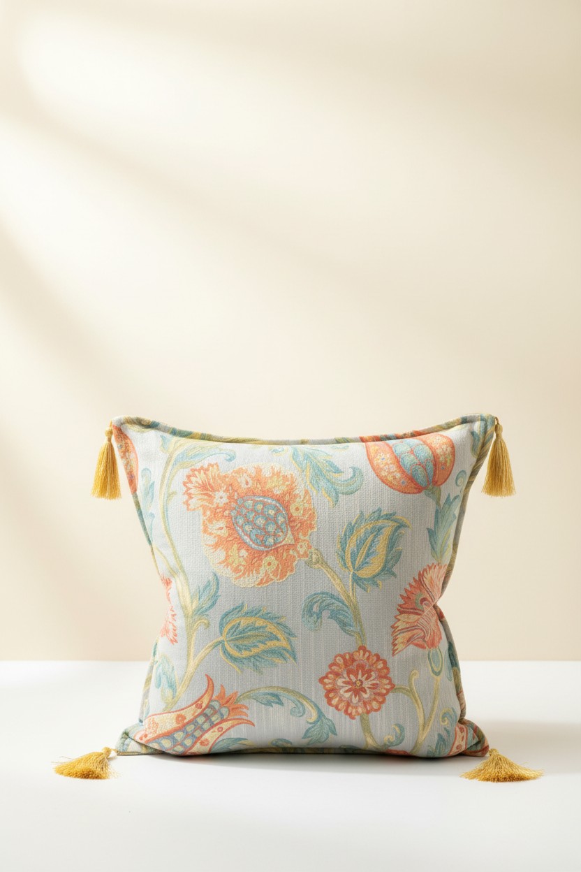 Turkish cushion cover with pale blue ground and coral floral embroidery, gold tassels