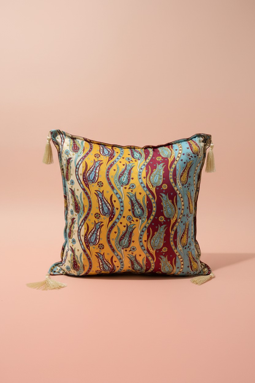 Turkish cushion cover with striped tulip pattern in gold, teal and burgundy, tasseled corners